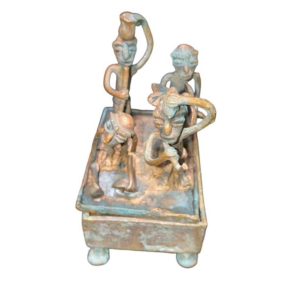 Handmade Bronze African Box-Style Statue With Musicians Cameroonian Art 4" X 2" - Picture 2 of 15